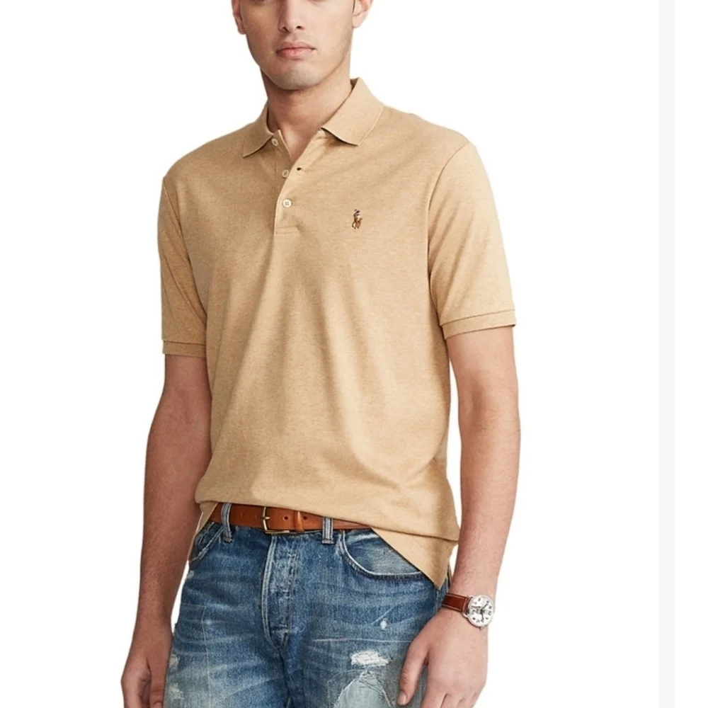Ralph Lauren Men's Polo Dune Tan Custom Slim Fit Short Sleeves Shirt Size Medium